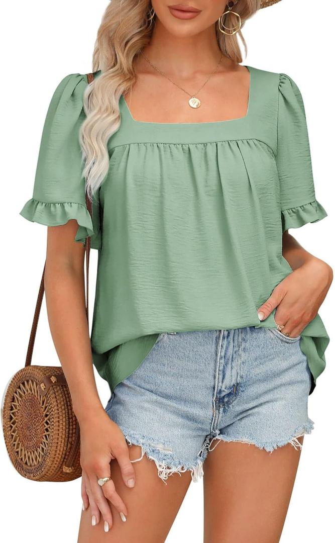 BZB Womens Summer Peplum Tops Sqaure Neck Ruffle Sleeve Blouses Fit Flowy Shirts large