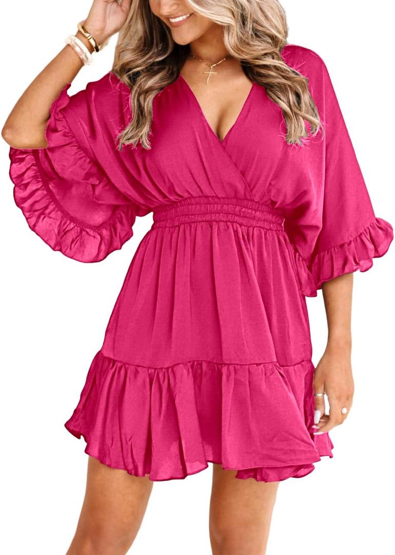 Aoysky Womens V Neck Casual Dresses Summer Loose High Waist Ruffle Pleated Cute Mini Short Dress (Medium, Hot Pink)