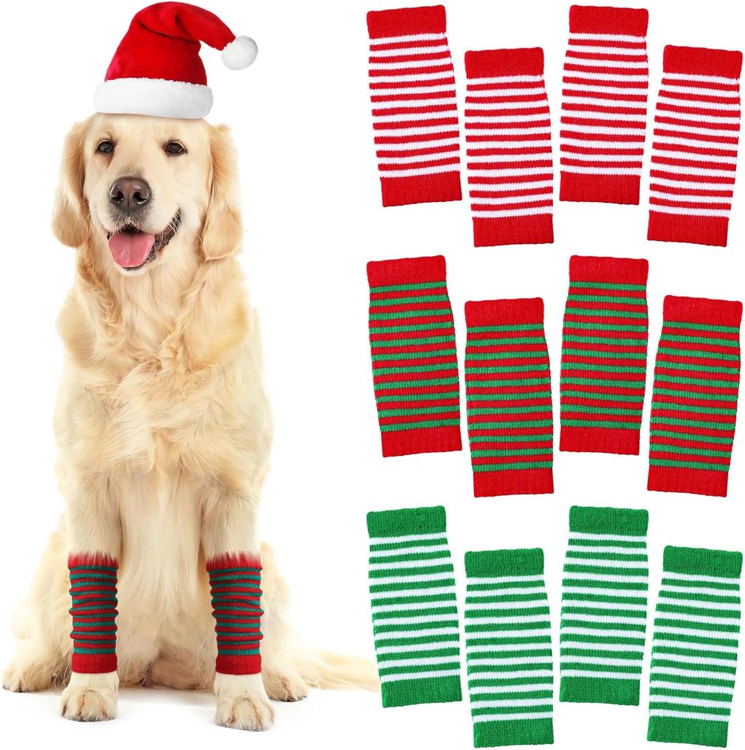Shihanee 12 Pcs Christmas Dog Leg Warmer Knitted Winter Socks Pet Dog Leg Hock Protector Classic Stripe Elbow Protective Sleeve Joint Elbow Supports for Christmas Winter New Year