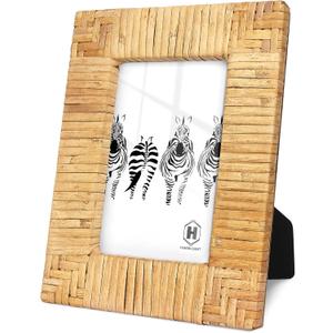 Rattan 4x6 Picture Frame, Boho Photo Frame, Cany Coastal Frame Stand Table Top Desk, High Definition Galss (4x6)