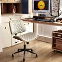Home Office Chair No Arms with Wheels, Armless Adjustable Height Small Desk Chair, Armless PU Leather Computer Chair Mid Back 360 Swivel, Modern Walnut, Reading Meeting Room (White)