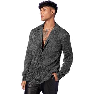 WDIRARA Men's Sheer Mesh See Through Glitter Button Front Long Sleeve Shirt Tops (Medium)