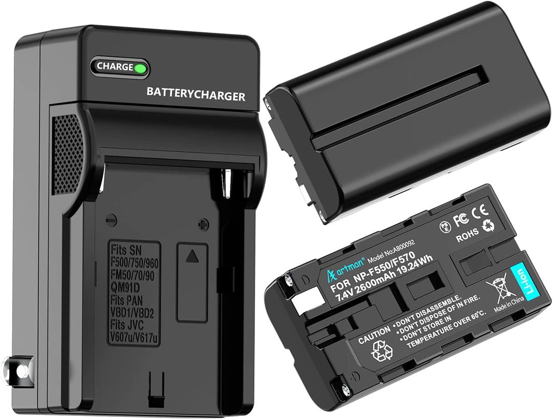 Artman NP-F550 Battery 2-Pack and Wall Charger for Sony NP F550, F530, F970, F960, F770, F750, F330, CCD-SC55, TR516, TR716, TR818, TR910, TR917 Camera, CN-160, CN-216 LED Video Light (2600 mAh)