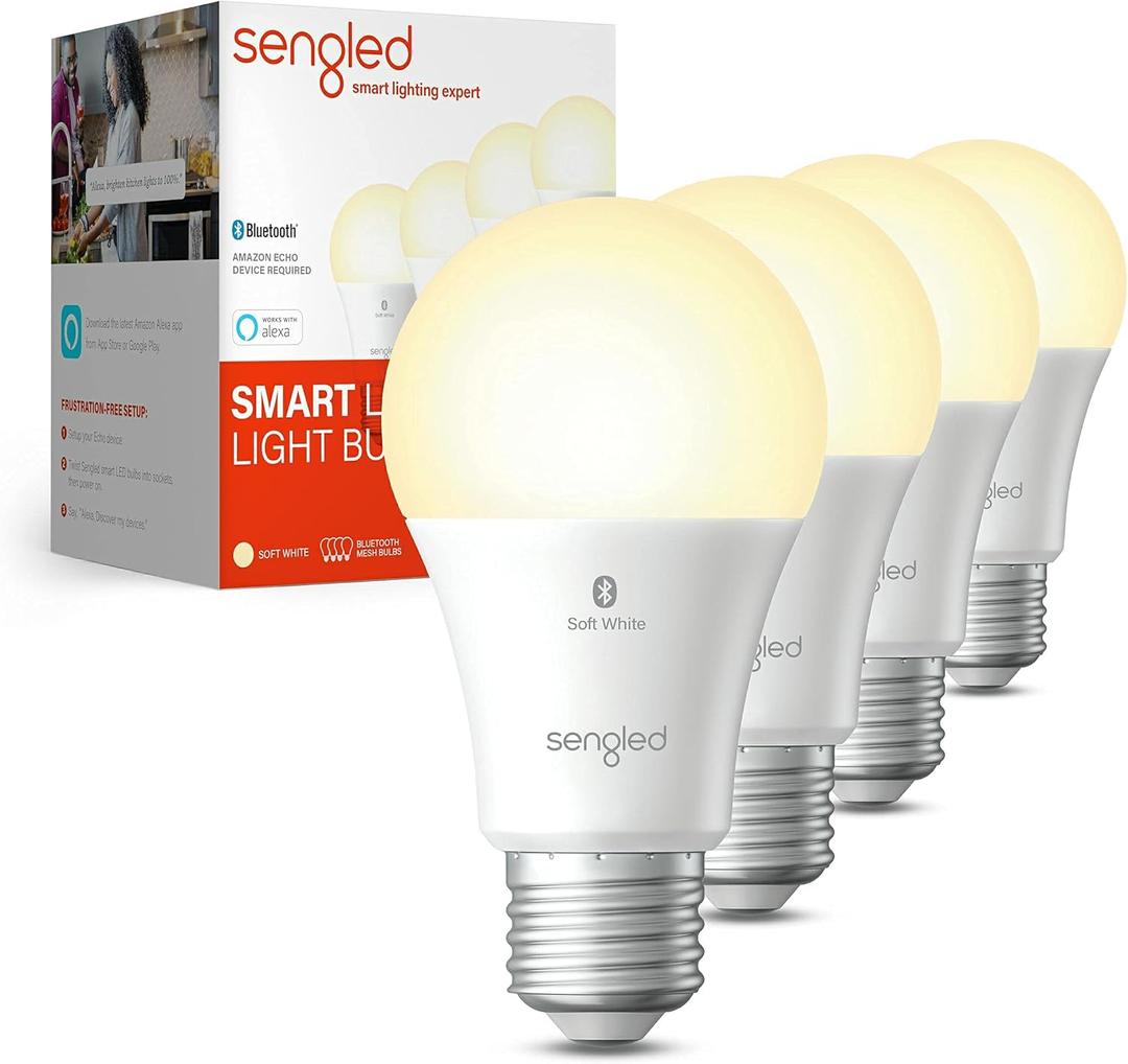 Sengled Alexa Light Bulb, S1 Auto Pairing with Alexa Devices, Warm Light Bulbs, Smart Light Bulbs that Work with Alexa, Bluetooth Mesh Smart Home Lighting, E26 60W Equivalent, 800LM, 4-Pack (Soft White (2700k))