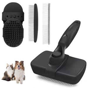 Self Cleaning Shedding Brush - 5-in-1 Professional Pet Grooming Kit Skin Friendly Grooming Tool for Dogs, Cats, and Puppies, Deshedding and Hair Removal for Long and Short Haired Pets, Black