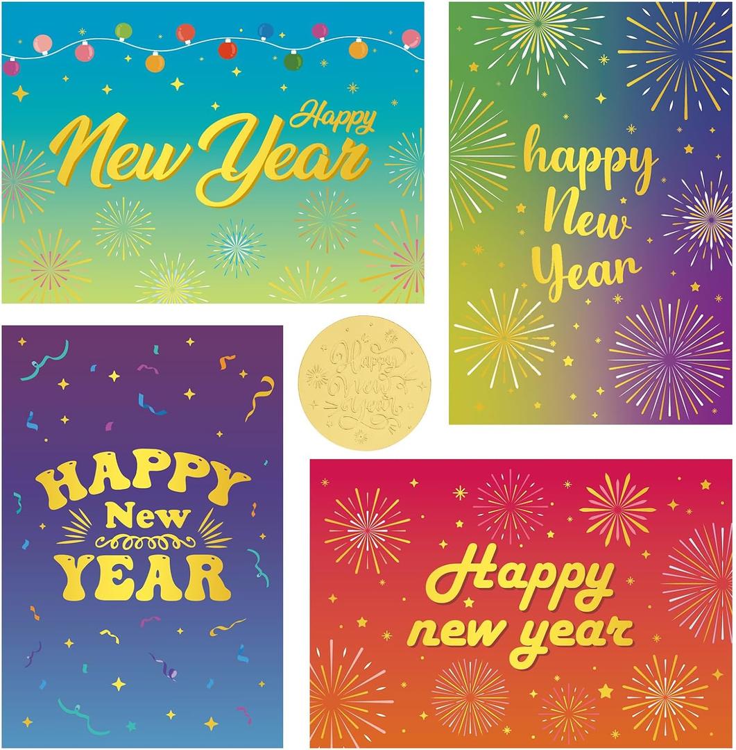 2 x NEWEST 24 Pieces Happy New Year Cards with Envelopes & Stickers, Gold Foil Holiday Greeting Cards Colorful Firework New Year Card Festive Blank Note Card for Friends, Family and loved One, 4 x 6 Inch