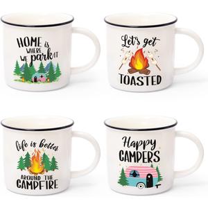 Nefelibata Camping Coffee Mug Set of 4 Happy Campers Campfire Tea Cups for Coffee, Tea, Milk Travel Ceramic Mug Camping Lover Holiday Gifts