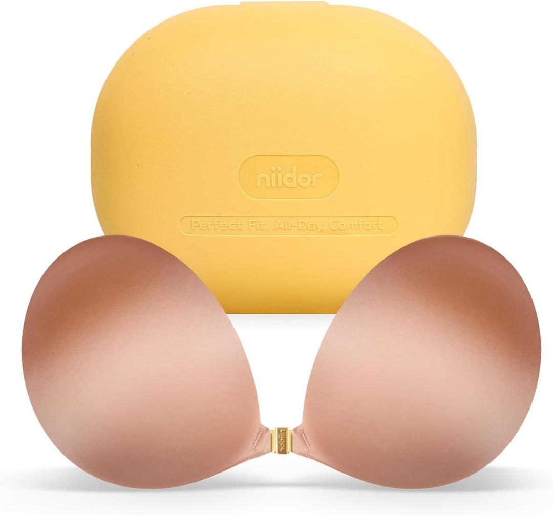 Niidor Magnetic Adhesive Sticky Bra Strapless Invisible Sticky Boobs Silicone Push up Bra for Backless Dress (Brown)