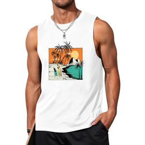 Mens Beach Tank Tops Summer Hawaii Vacation Graphic Muscle Palm Tree Sleeveless Shirts (Medium)