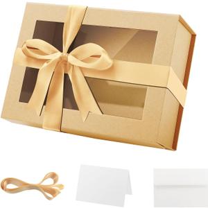 Kraft Gift Box With Window, 9x6.5x3.8 Inches, Clear for Present With Ribbon, Card, Groomsman Proposal, Magnetic Lid (1 Count (Pack of 1))