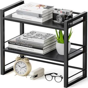 Office Desk Shelf Organizer, Wood Desktop Bookshelf Supplies Storage Rack, Shelf for Top of Desk and Dresser (Pure Black-2 Tier)