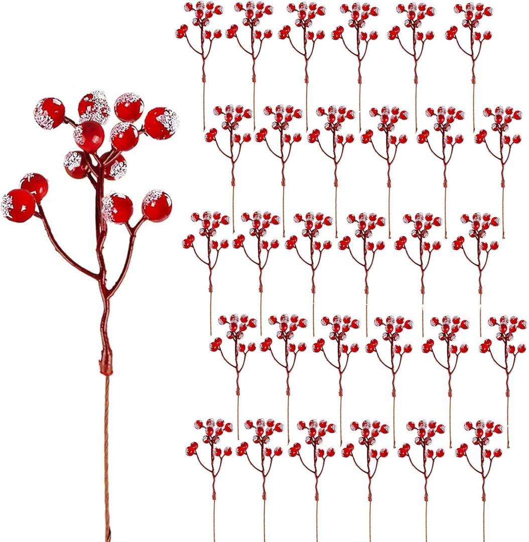 30 Pack Artificial Red Snowy Berry Stems, 8 Inch Snow Red Frosted Spray Holly Berries Picks Christmas Tree Decoration, Filler Branches Ornaments Holiday Winter Decor