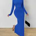 BTFBM Women Bodycon Maxi Dress Long Sleeve Back Slit Ruched Elegant Party Cocktail Formal Fall Wedding Guest Dresses (Blue)