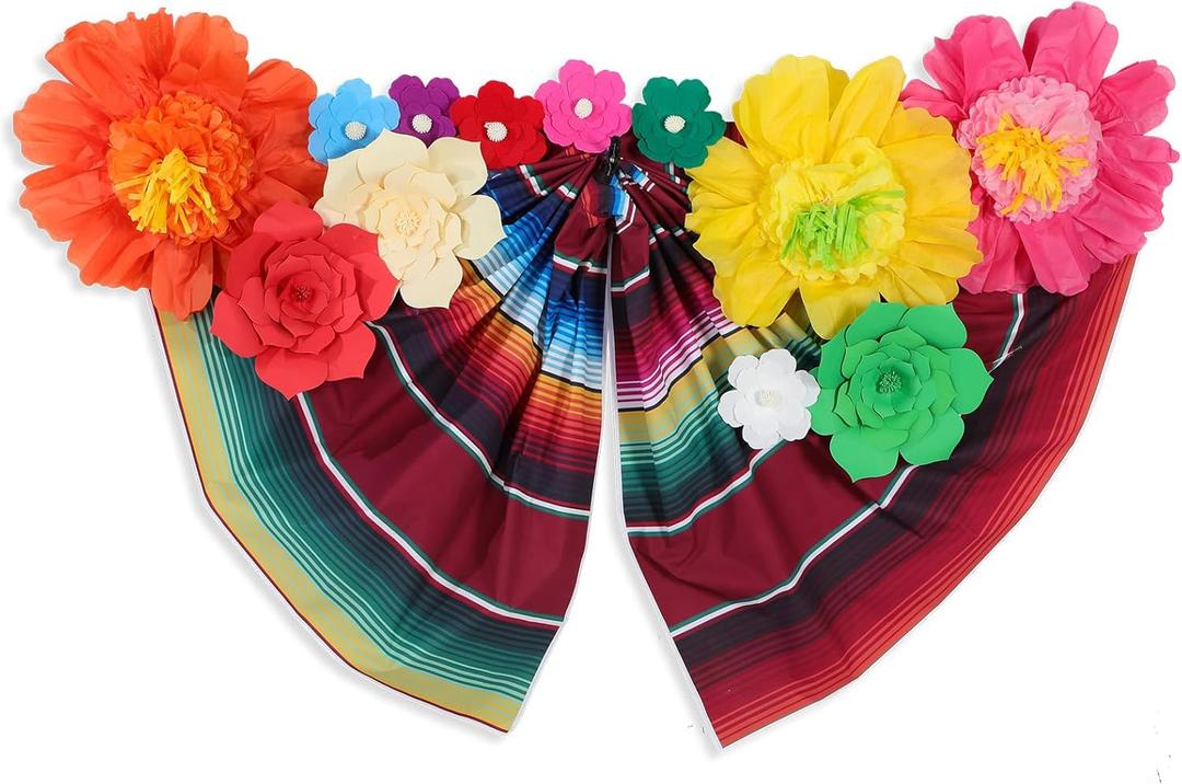 13 Pcs Mexican Party Backdrop Set, Include 12 Pcs 24'' 12'' 8'' 3D Large Paper Flowers Decorations 6.9x4.9ft Mexican Fiesta Backdrop for Party Carnival Day of The Dead Wall Wedding Birthday