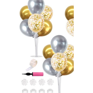 TONIFUL 2 Table Centerpiece Balloon Stand Kit Include Silver Gold Latex Confetti Balloons for 2025 Graduation,New Years 2025,Birthday,Retirement, Christmas, Anniversary Table Party Decoration