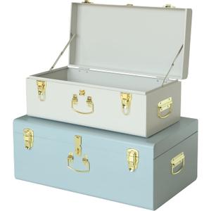 Vixdonos Decorative Large Metal Box Storage Trunk Chest Set of 2 College Dorm Organizer with Hardware Hasps and Handle for Home Decor,23.7X14.2X9.5 Inches(White and Blue)