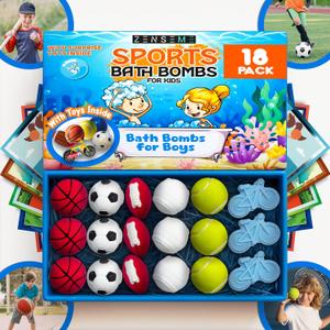 Bath Bombs for Boys with Toys Inside W/Flash Cards - Sports Bath Bombs for Kids - Gift Set of 18 Scented Organic Handmade - 2.5 oz with Natural Essential Oils - 18 Pack
