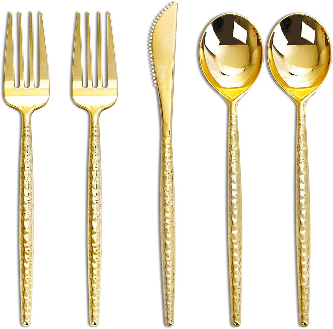 Rubtlamp 180 Pcs Gold Plastic Silverware - Disposable Plastic Utensils - Hammered Plastic Forks And Spoons - Gold Plastic Cutlery Set Include 60 Forks, 60 Knives And 60 Spoons for Party