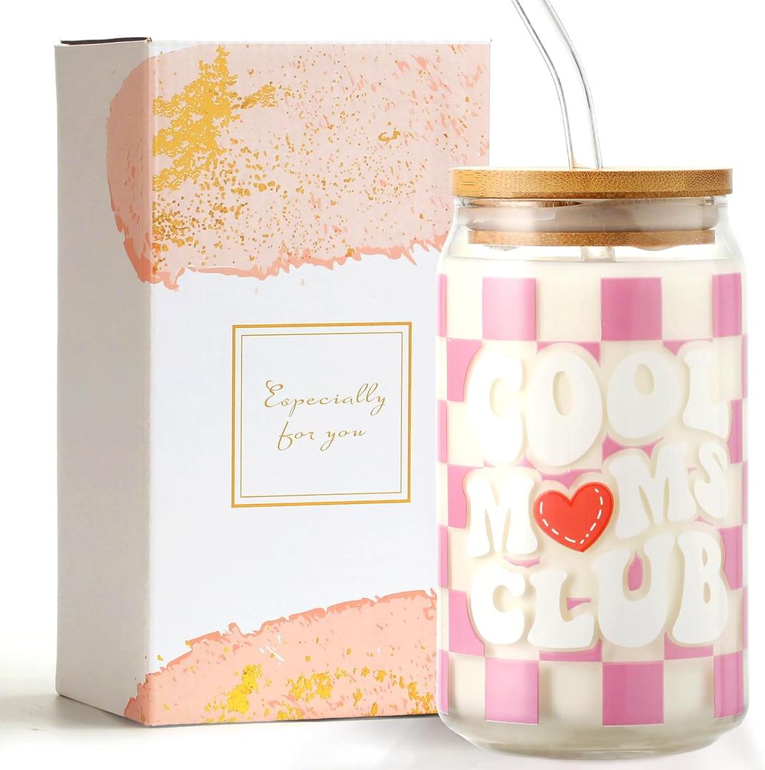 WODOHOLO Christmas gift Mom Drinking Cup with Lid and Straw, 16oz Coffee Can Glass Cups, Cool Moms Club Cup from Daughter and Son, Christmas Birthday Present Ideas for Mother, New Moms, Mom To Be (Pink)