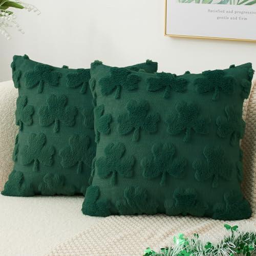 Kevin Textile St. Patrick's Day Pillow Covers 18 x 18 Inch Pack of 2 Soft Faux Fur Green Shamrock Decorative Lucky Clover Throw Pillowcase for Spring Home Bed Sofa Couch Dark Green