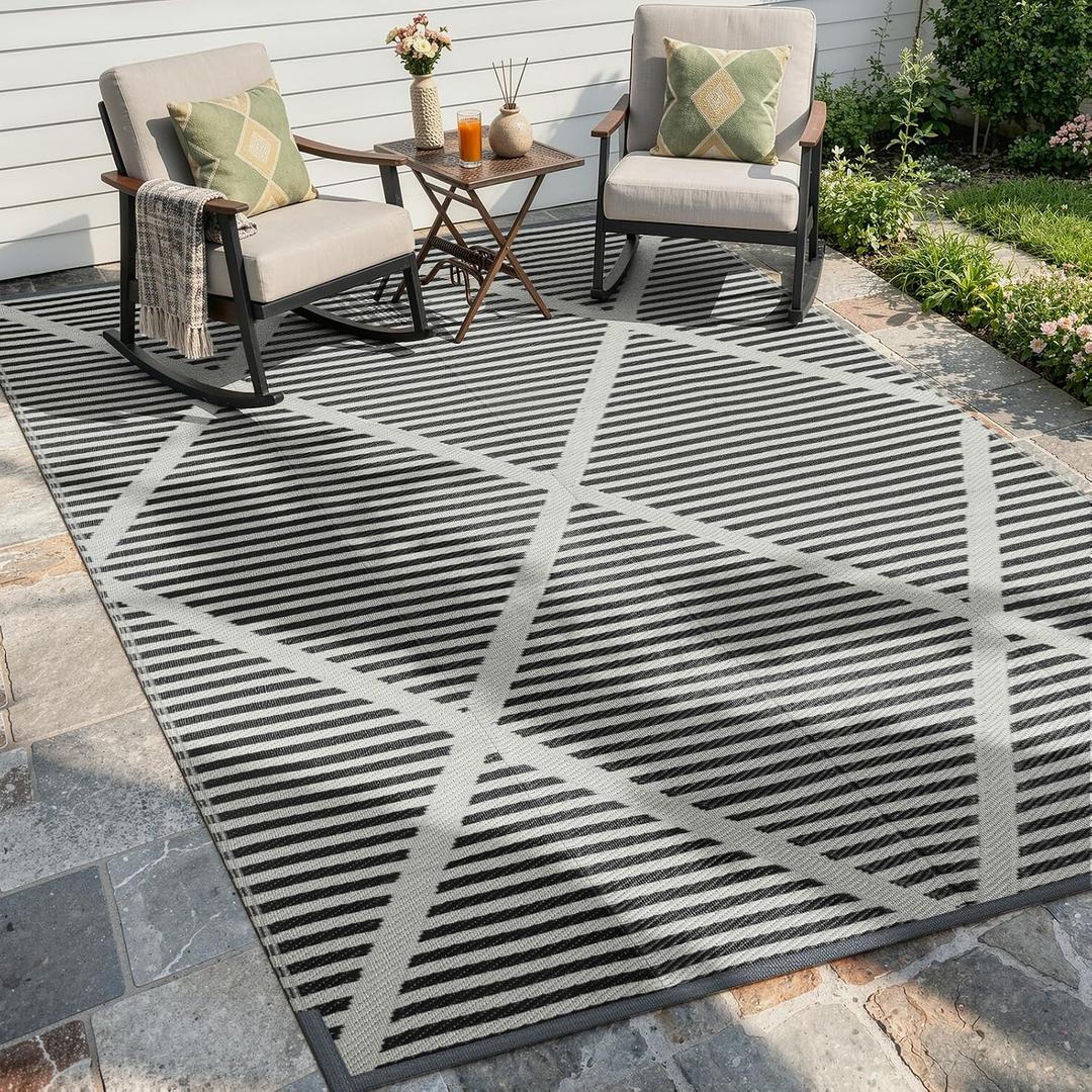 Wonnitar Outdoor Rug 6x9, Waterproof Reversible Plastic Straw Rug for Patio, Foldable Camping Mat with Carry Bag for RV, UV-Resistant Outside Rug for Deck, Balcony, Beach, Black & Grey