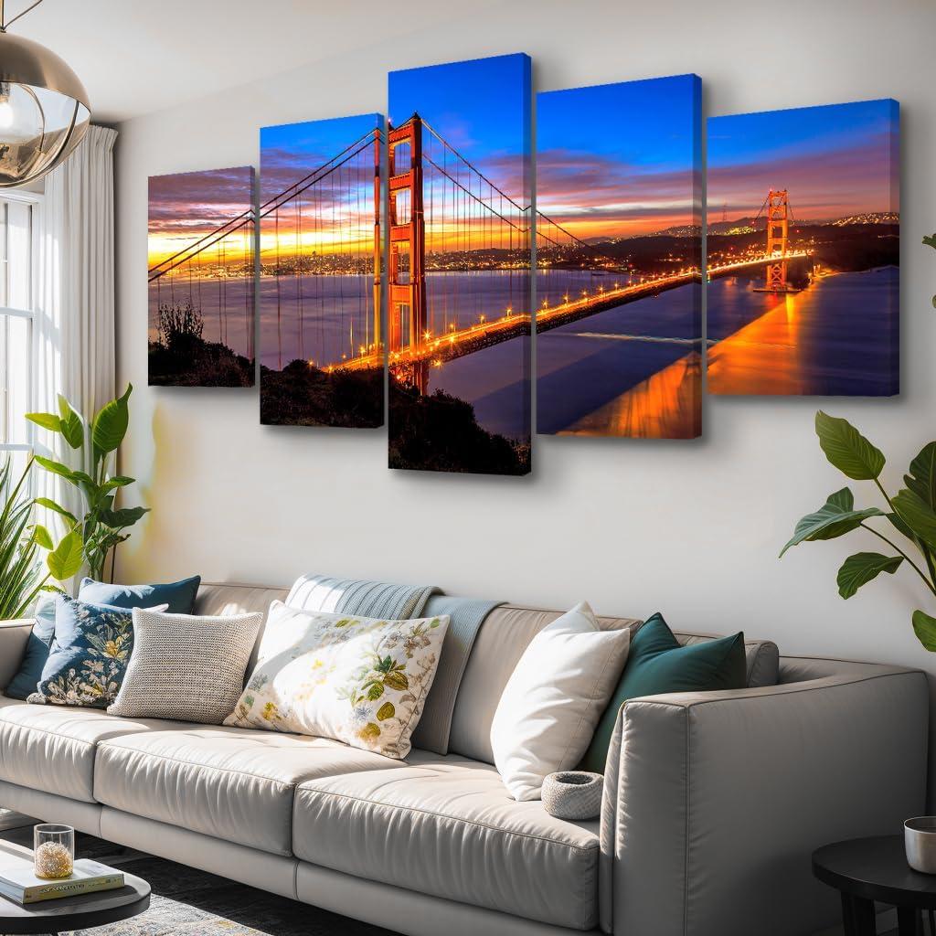 5 Piece San Francisco Blue Sky Golden Gate Bridge at Dusk Canvas Wall Art for Bedroom,Califonia Foggy Cityscape Painting Decor,Bracket Fixed Ready to Hang