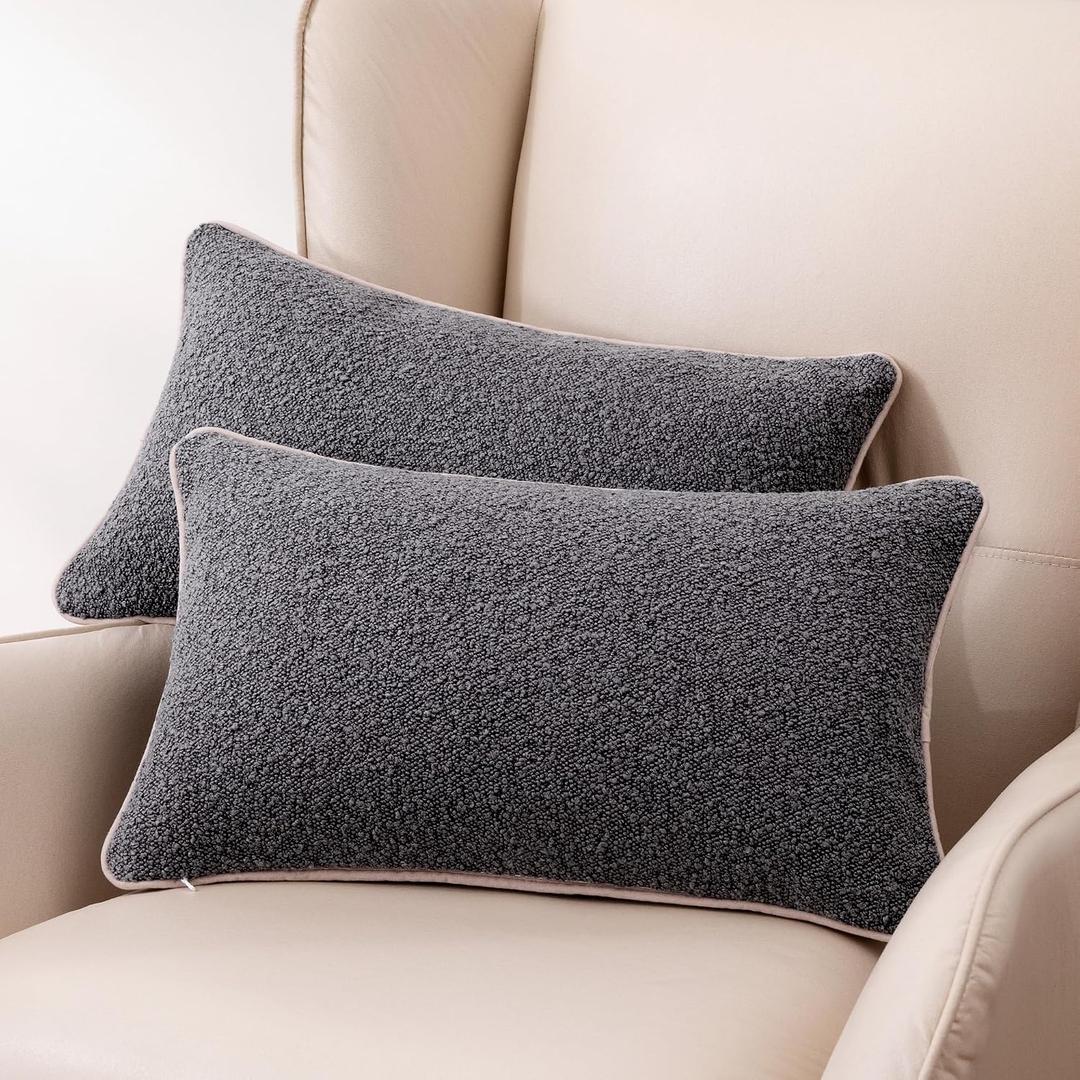 Amazon Basics Boucle Lumbar Throw Pillow Covers for Couch, Living Room, Home Decor with Hidden Zipper, Grey, 1220in, Pack of 2