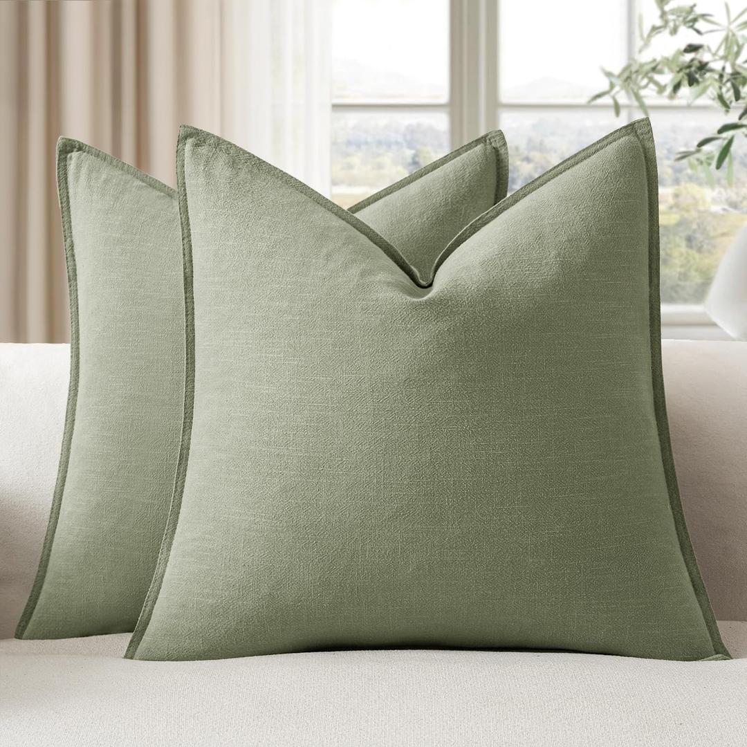 EMEMA Spring Decorative Linen Throw Pillow Covers 22x22 Inch Grass Green Boho Farmhouse Neutral Couch Throw Pillows for Bed Pack of 2 Accent Pillowcase Modern Sofa Cushion Livingroom Home