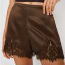 Women's Y2k Satin Lace Shorts Coquette Silky Elastic Waisted Flowy Mini Shorts Cute Going Out Slip Bottoms (Dark Brown Lace, L)