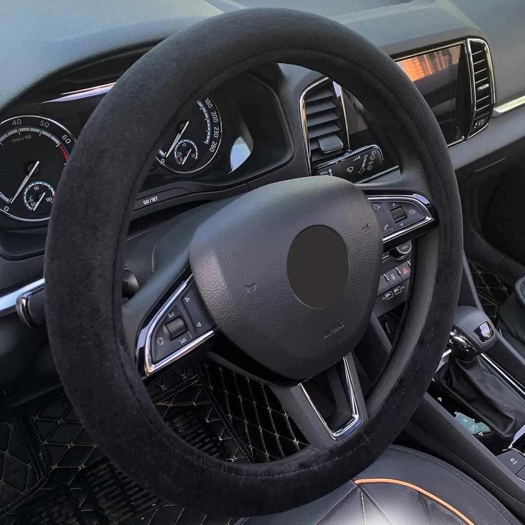 Fluffy Steering Wheel Cover, Short Plush Auto Accessories for Men and Women with Inner Ring Universal 15 Inch (Black)