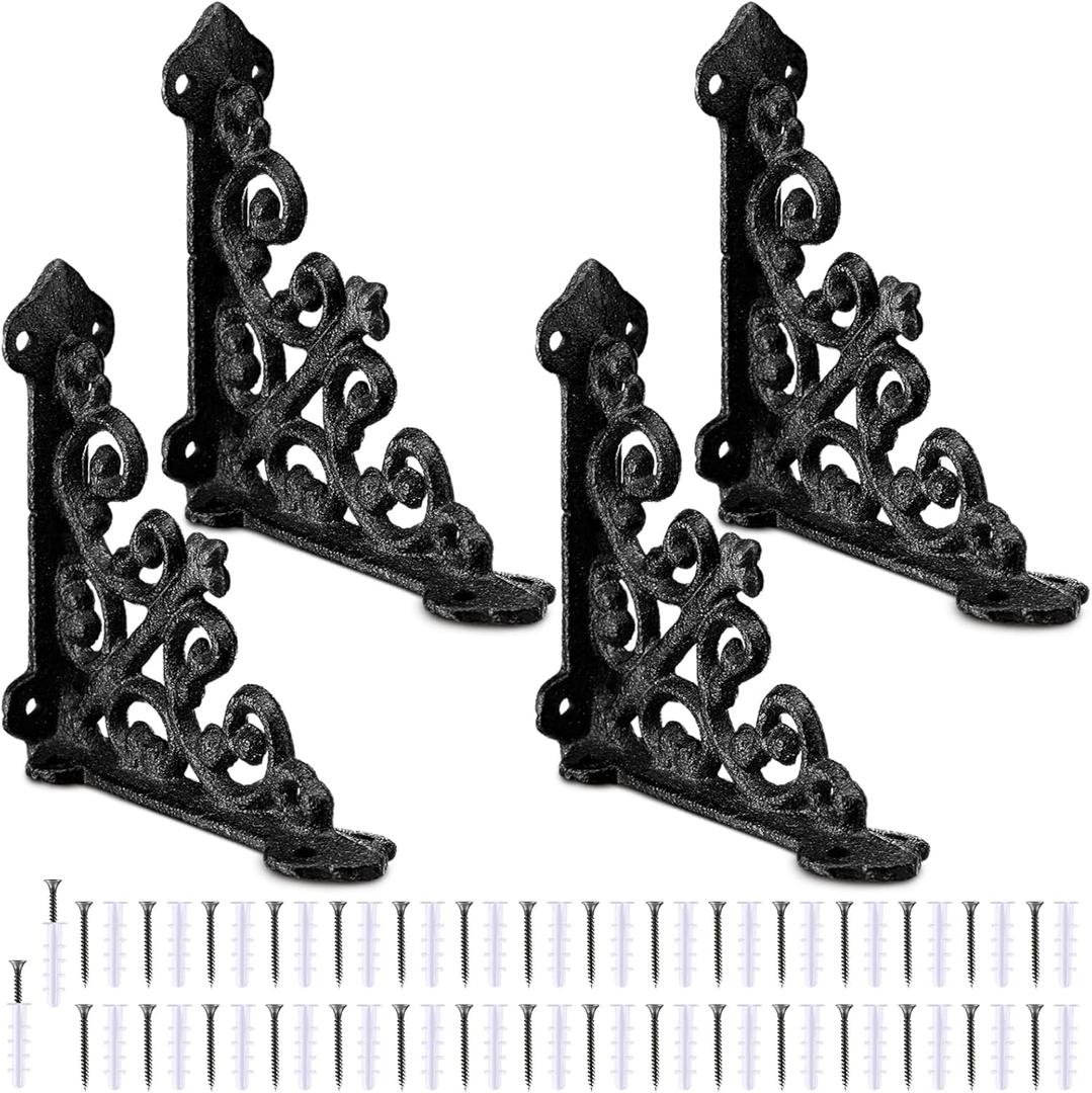 Blulu 4 Pack Decorative Shelf Brackets, Cast Iron Brackets 3 7/8" x 3 7/8" Heavy Duty Metal Shelving Bracket for Bookshelf Wall Mount, Antique Style L Shelf Bracket for DIY Floating Shelves(Black)