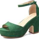 CAMSSOO Platform Heels for Women Chunky Heel Open Toe Ankle Strap Suede Wedges Sandals Wedding Office Dress Shoes (Green)