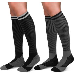 30-40mmHg Medical Graduated Compression Socks for Women&Men Circulation-Knee High Socks for Support,Hiking,Running (Large-X-Large, 2-2 Pack Strip Black, Grey)