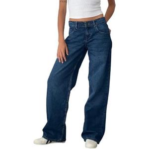 EMMIOL Women Baggy Jeans Mid-Low Waist Boyfriend Streetwear Vintage Jeans Wide Leg Denim Pants (Large, Deep Blue)