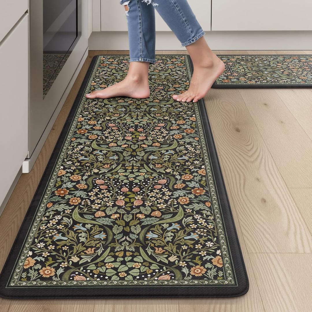 Collive Anti Fatigue Mats for Kitchen Floor, Cushioned Comfort Kitchen Rugs Sets of 2 Waterproof Non Skid Padded Sink Rugs, Boho Floral Rug Black Standing Mat for Office, Laundry (17.3"x59"+17.3"x29")