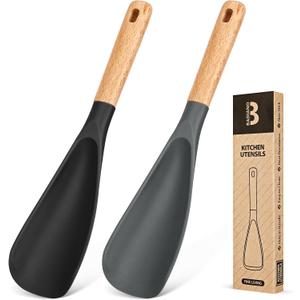Cooking Spoon for Nonstick Cookwares, Great for Cooking and Serving Sturdy BPA-Free Matte Silicone, Wood Handle Spoon for Mixing, Scoop, and Scrape (Black & Grey, 11.4 inch)