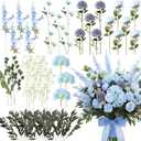 Suncalla 36 Pcs Blue Artificial Flowers Bouquet Set 8 Kind Faux Delphinium Rose Peony Chrysanthemum Hydrangea Baby's Breath Florals with Greenery Long Stem for Wedding Table Centerpiece Vase Decor