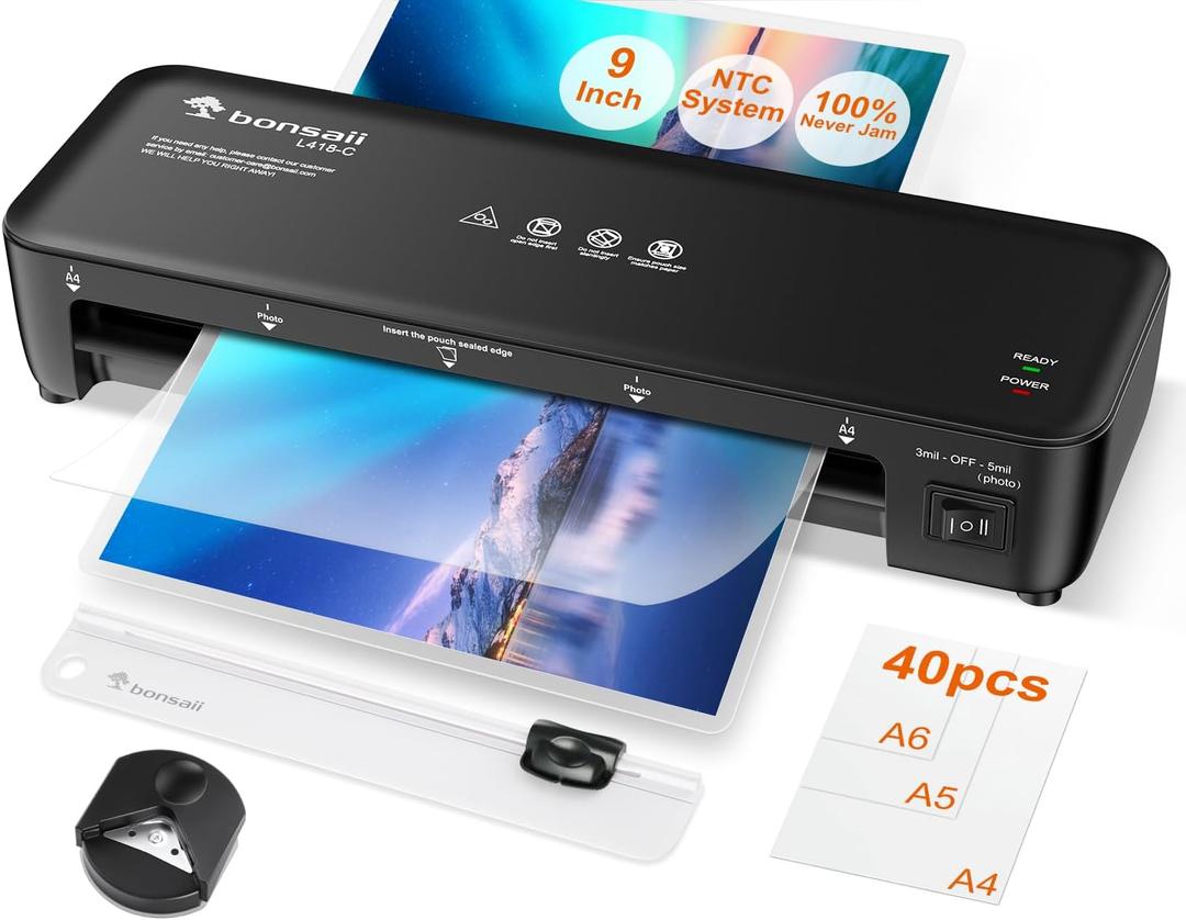 Bonsaii Laminator, 9 Inch 4 in-1 Thermal Laminator Machine Never Jam Technology with 40 Laminating Sheets, Paper Cutter, Corner Rounder for Home Office School Business