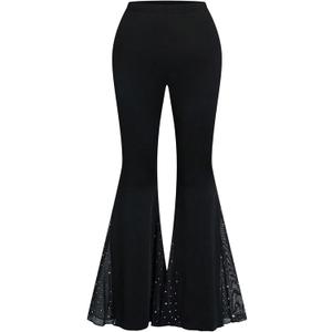 Floerns Women's Plus Size Rhinestone Flare Leggings High Waist 70s Disco Rave Bell Bottoms Black Large Plus