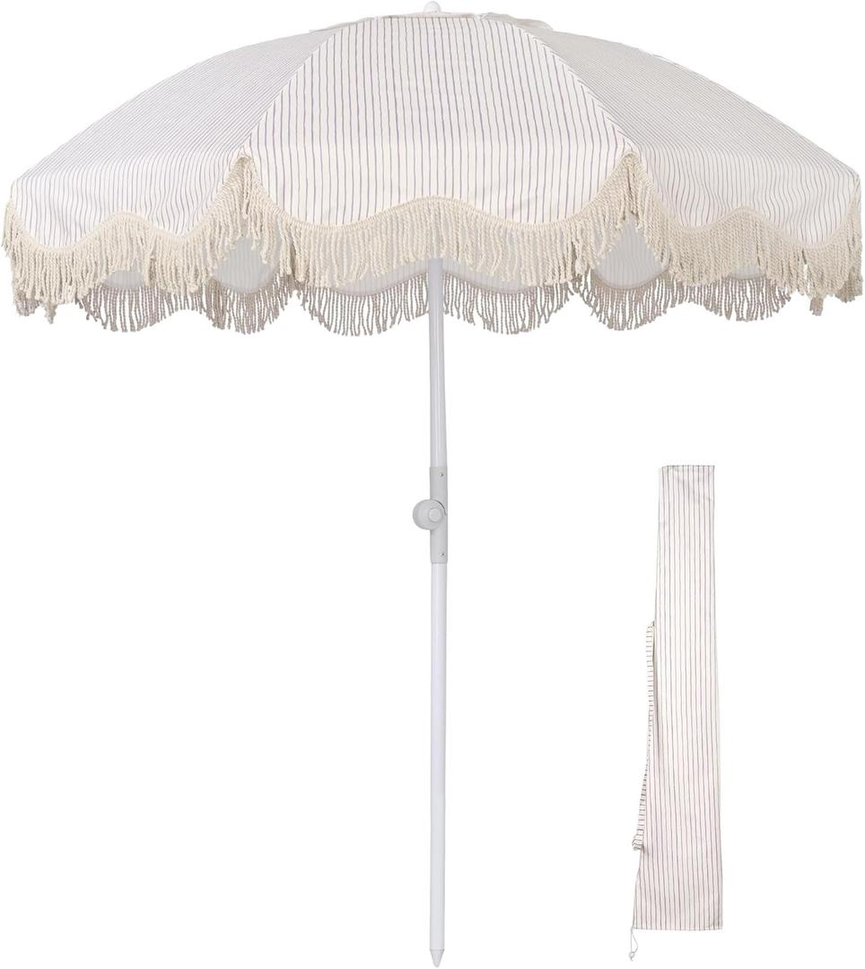 Ocean Windproof 6Ft Outdoor Fringe Umbrella Tilting Beach Umbrellas for Sand Portable with Carry Bag Patio Yard Picnic Table Garden Lawn Deck Wedding Pool Party Event (Ocean-Purple White)