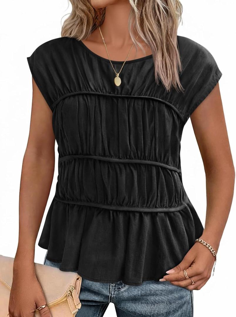 Cicy Bell Womens Cap Sleeve Peplum Tank Tops Summer Babydoll Smocked Cotton Shirts Casual Crew Neck Pleated Blouse (Small, Black)