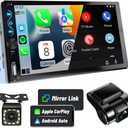 Leadfan Double Din Car Stereo with Dash Cam, 7 Inch Full HD Touchscreen Car Audio Receiver Support Carplay and Android Auto, Car Stereo with Bluetooth, Mirror Link, Backup Camera, FM/USB/AUX/Subwoofer