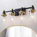 Modern Black & Gold Vanity Lights - 4 Light for Bathroom Over Mirror, Vintage Sconce with Clear Glass Shade