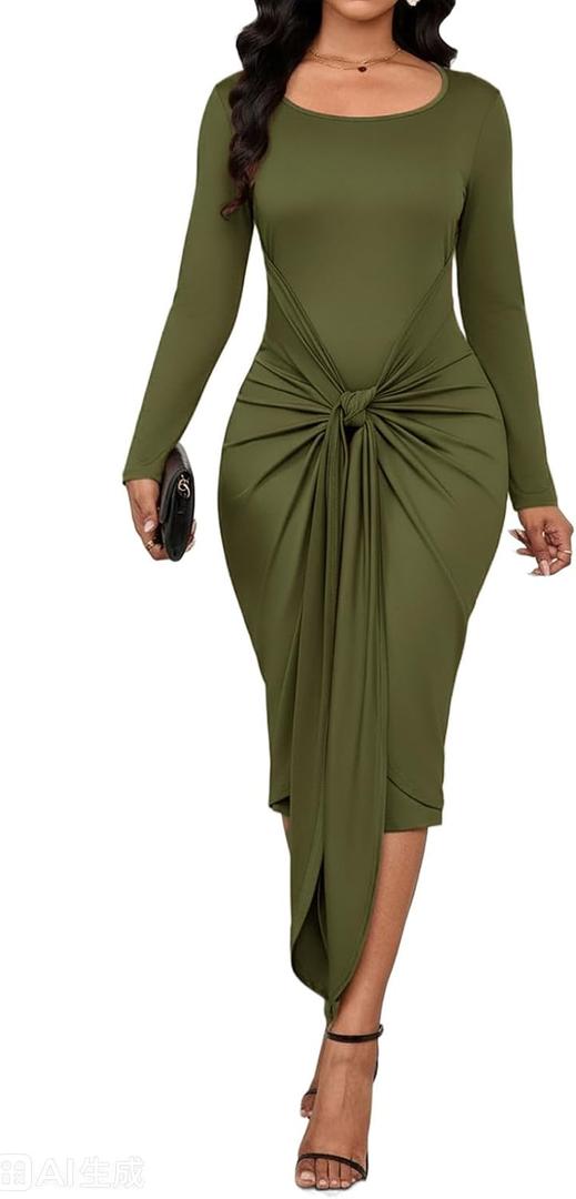 ENOPINK Fall Bodycon Dresses for Women 2026 Spring Long Sleeve Midi Dress Square Neck Party Club Wrap Long Dress