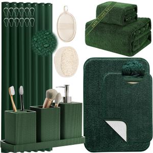 Green Bathroom Set, Dark Green Bathroom Accessories Set with Shower Curtain and Rugs, Bath Towel Sets, Natural Loofah Sponge, Soap Dispenser, Toothbrush Holder, Bathroom Tumbler and Tray for Bathroom