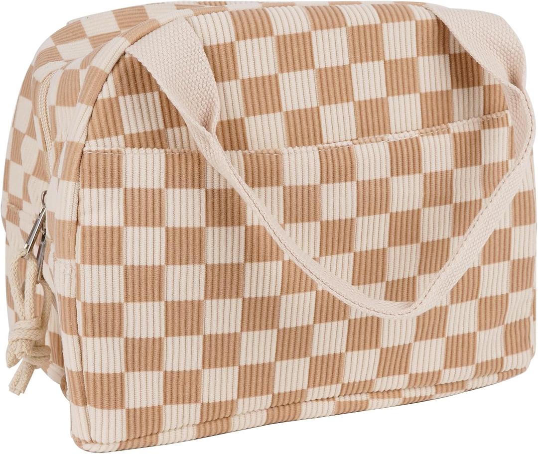 Checkered Lunch Bag for Women and Men, Insulated Corduroy Lunch Box with Handle and Pocket for Travel, Work, Picnics, Brown White Plaid