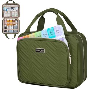 Leudes Travel Pill Bottle Organizer,Medicine Organizer and Storage,Home Medication Bag, Cases,Carrier for Pills,Vitamin,Fish Oil,Supplements for Women and Men (Large, Army Green)