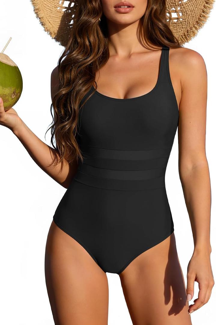 Zando Tummy Control Swim Suits for Women 2026 - Slimming One Piece Swimsuit Modest Bathing Suit Scoop Neck Swimwear (Black, L)