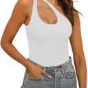 ReoRia Women's Summer Sexy One Shoulder Cutout Front Sleeveless One Piece Tank Tops Backless Thong Bodysuits Leotards For Going Out White Large