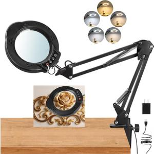 Upgrade 12X Magnifying Glass with Light and Stand, Real Glass Magnifying lamp, 5 Color Modes Stepless Dimmable,84LEDs Desk Lamp, Magnifier with Light Hands Free for Close Work, Reading Craft Repair (Black01)